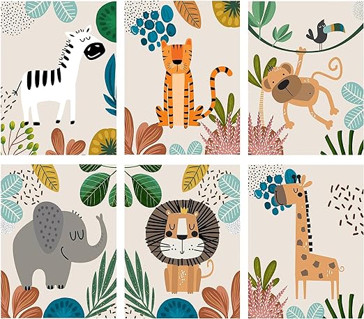 Photo 1 of Baby Safari Nursery Wall Decor - Monkey Elephant Zebra Giraffe Tiger Canvas Painting Nursery Lion Wall Art, Cute Animal Wall Prints on Canvas Nordic Picture Kids Room Jungle Theme Decoration Set of 6
