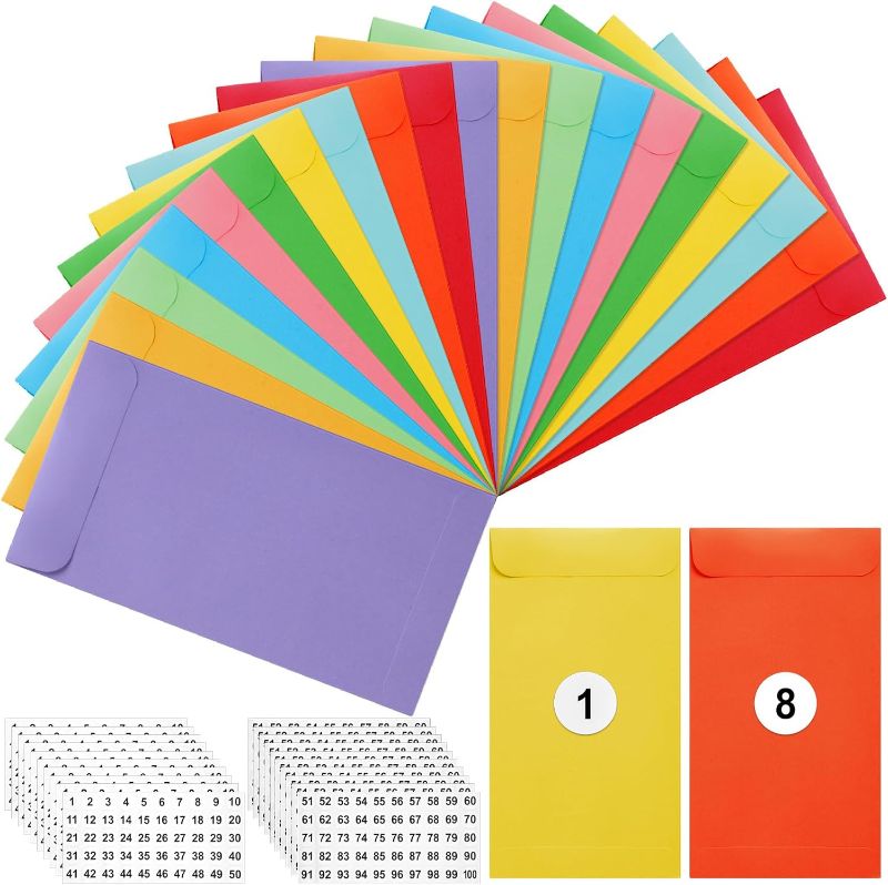 Photo 1 of 500 Pcs 100 Day Envelope Challenge Kit Colorful Money Envelopes for Cash with 20 Pcs Number Stickers Labels, 3.5 x 6.5 In, Self Adhesive Coin Envelopes for Saving Challenge, Seed Checks Budgeting Keys