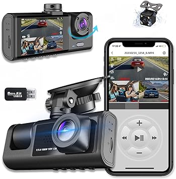 Photo 1 of 3 Channel 1080P Dash Cam Front Rear Inside, Dash Camera for Cars, Car Dashboard Camera Recorder with 2” IPS Screen, 24h Parking Mode, Loop Record, Night Vision, 170°Wide Angle WDR, G-Sensor 