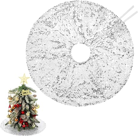 Photo 1 of 15 Inch Christmas Mini Tree Skirt Sequin Tree Skirt Small Tree Skirt for Christmas Pencil Slim Small Trees Decoration Bar Hotel Holiday Decor (Silver) 