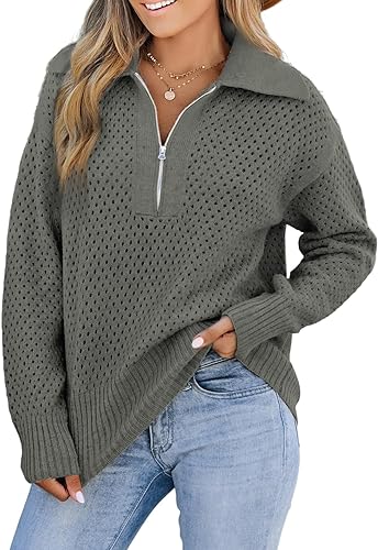 Photo 1 of BLENCOT Women Half Zip Pullover Crochet Sweater Knit Sweatshirts Lightweight Long Sleeve Collared Neck Warm Pullover Tops - XL 