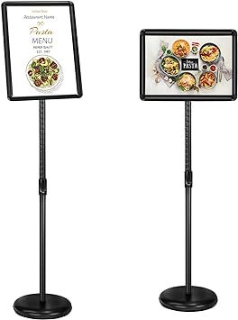 Photo 1 of SCZS Heavy Duty Floor Sign Stand Adjustable Pedestal Sign Holder Stand, Poster Stand Aluminum Snap Open Frame for 8.5X11 Inches with Heavy Round Base, Both Vertical and Horizontal Sign Displayed
