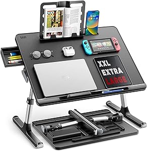 Photo 1 of Laptop Bed Tray Desk, SAIJI X-Large Adjustable Laptop Table, Foldable Laptop Desk with Storage Drawer and Bookstand for Eating, Working, Writing, Gaming, Drawing (Black)
