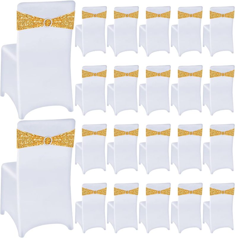 Photo 1 of Chair Covers and Sequin Chair Sashes Set, Spandex Stretch Chair Slipcovers with Shiny Sparkly Chair Bands Bows for Wedding Party Banquet Dining Chair Decor (White, Gold, 40 Set)