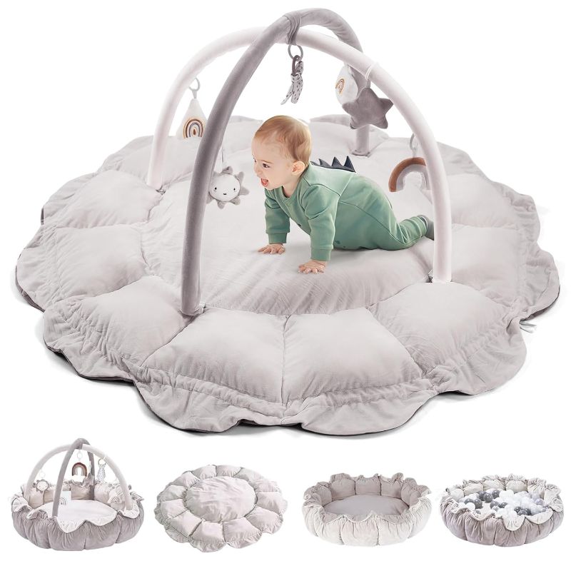 Photo 1 of 5-in-1 Convertible Baby Play Gym with 6 Toys, Tummy Time Mat for Sensory Development, Baby Activity Center from Newborn to Toddler, Ball Pit, Cat & Dog Bed, Soft Plush Pet Bed, No Ball Included
