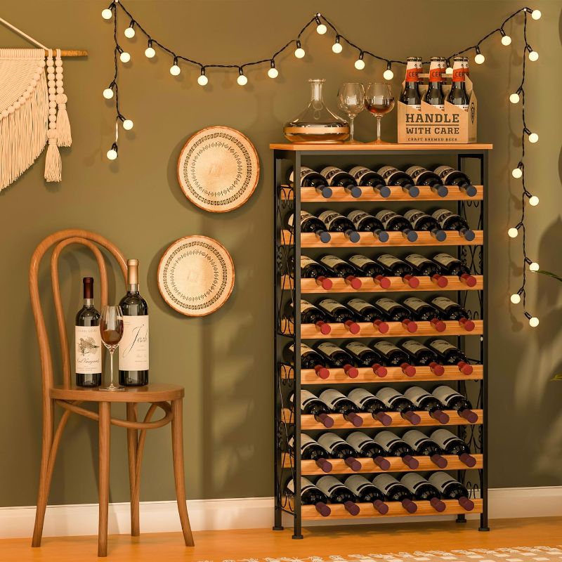 Photo 1 of 48 Bottles Floor Wine Rack with Wood Top, Freestanding Wine Bottle Organizer Shelf, Wobble-Free 8 Tier Wine Display Storage Stand for Kitchen Pantry, 25.2''L x 10.7''W x 47.2''H