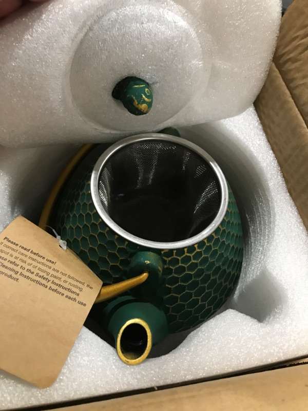 Photo 2 of Cast Iron Tea Kettle, Japanese Tetsubin Teapot Coated with Enameled Interior, Durable Cast Iron Teapot with Stainless Steel Infuser for Stovetop Safe(1000ml/34oz) Dark Green Hexagon Pattern, 1000ml/34oz