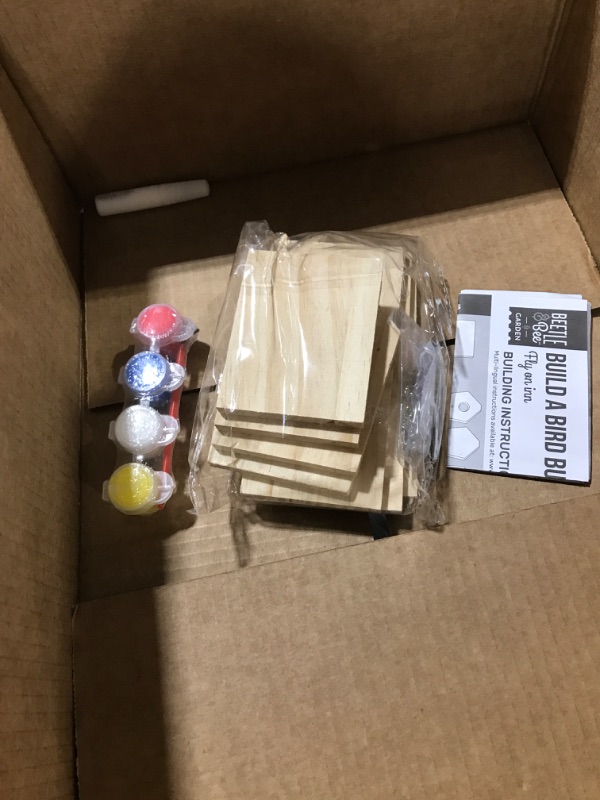 Photo 1 of Beetle & Bee Build A Bird Bungalow - DIY Kid Art Craft Outdoor Birdhouse Kit, House Painting Kit for Kids, Hardware Glue Included- 4 Paints, 1 Brush, 7 Wooden Pcs, Chain For Tree Hanging Age 5+