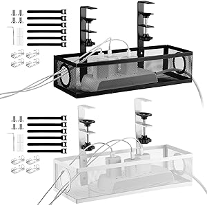 Photo 1 of Gisafai 2 Sets Under Desk Cable Management Tray Standing Desk Cable Organizer Under Desk Wire Management Box Clamp Mount Cable Tray with Clamp, for Office, Home, No Damage to Desk, Black, White