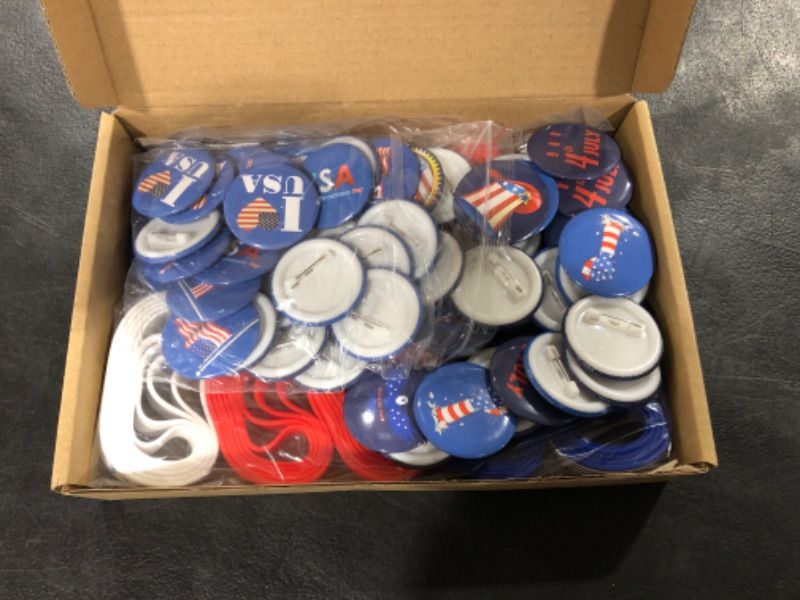 Photo 2 of 100 Pcs Patriotic Party Favors, Included 50 Pack American Flag Silicone Bracelet and 50 Pack Patriotic Buttons Badges Pins Independence Day Decorations for July Fourth Patriotic Veterans Memorial Day 