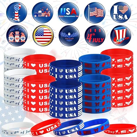 Photo 1 of 100 Pcs Patriotic Party Favors, Included 50 Pack American Flag Silicone Bracelet and 50 Pack Patriotic Buttons Badges Pins Independence Day Decorations for July Fourth Patriotic Veterans Memorial Day 
