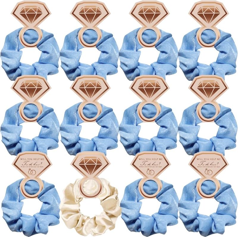 Photo 1 of Bridesmaid Scrunchies 12pcs Satin Proposal Gifts Elastics Hair Ties Bachelorette Soft Scrunchy Hair Bands Hair Styling Accessories Party Favors for Wedding Parties Bridal Shower Beige Light blue