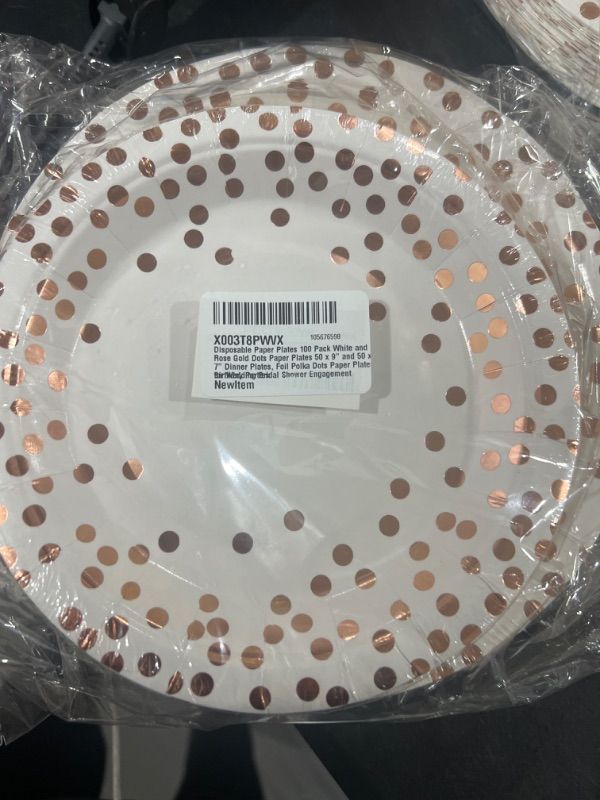 Photo 2 of 100 Pack Disposable Paper Plates White and Rose Gold Dots Paper Plates 50 x 9" and 50 x 7" Dinner Plates, Foil Polka Dots Paper Plates for Wedding Bridal Shower Engagement Birthday Parties Rose Gold & White 50 x 9" & 50 x 7"