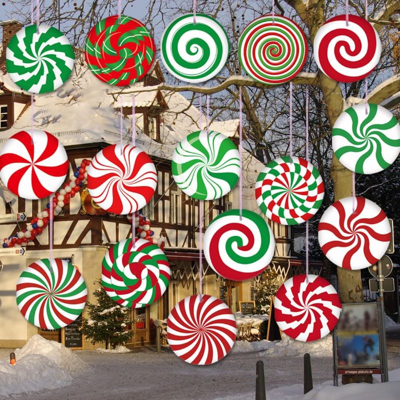 Photo 1 of 16 PCS Candy Christmas Outdoor Decorations Christmas Tree Hanging Ornaments Peppermint Lollipop Candy Yard Signs Tree Porch Yard Xmas Decor 