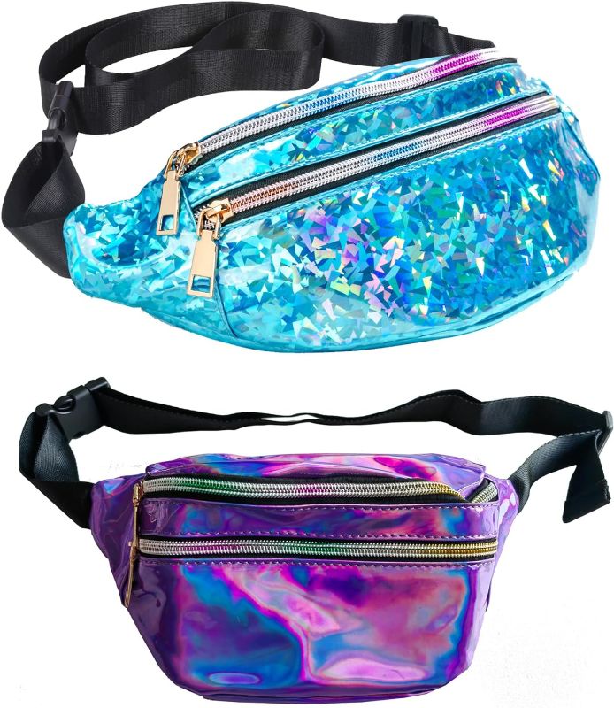 Photo 1 of 2 Pieces Holographic Fanny Packs Waterproof Color Sport Waist Pack with Adjustable Belt for Rave Party Festival Travel 