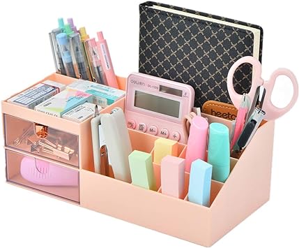 Photo 1 of Desk Organizers and Accessories, Office Supplies Desk Organizer Caddy with 12 Compartments, Desktop Stationary Organizer, Makeup Organizer, Desk Storage for Office, Bathroom Counter or Dresser, Pink