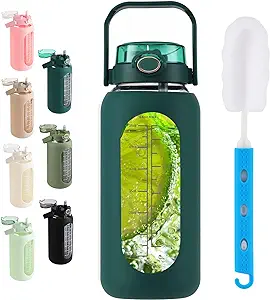 Photo 1 of 64oz Glass Water Bottle with Straw Lid Half Gallon Motivational Bottle with Handle and Silicone Sleeve and Time Marker Large Reusable Sports Water Jug for Gym Home Workout