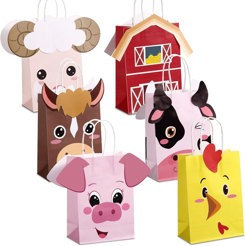 Photo 1 of 24 Pcs Farm Animal Party Favor Gift Bags with Handles Farm Themed Birthday Party Supplies Farm Party Decorations Kraft Paper Goody Gift Bag Barnyard...
