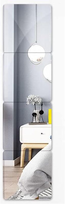 Photo 1 of 4 Pcs 12" x 12" Self Adhesive Acrylic Mirror Home Décor Wall Mounted Mirror Frameless Mirror Tiles Non Glass Sticky Mirror Tile for Bedroom, Gym, Door
