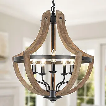 Photo 2 of 19.2" Modern Farmhouse Chandelier Light Fixtures, 5-Light Dining Room Light Fixtures Over Table, Rustic Hanging Lights for High Ceiling, Wood Chandeliers for Dining Room Kitchen Island Bedroom Foyer