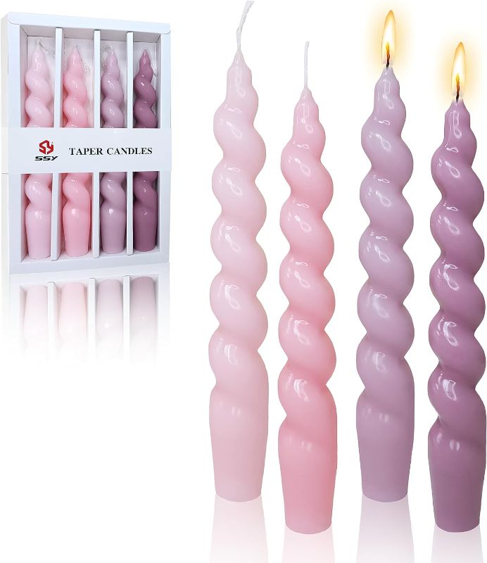 Photo 1 of 7.5 Inches Spiral Taper Candles Colorful Twisted Candle Dripless Long Candles, Handmade Candlesticks for Wedding Dinner Decor, Set of 4(Gradient Pink)
