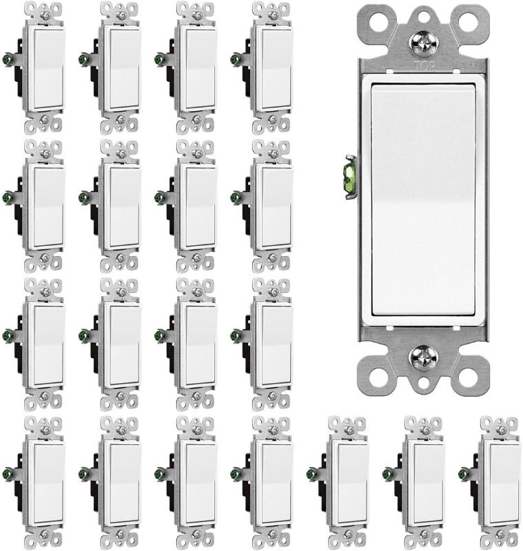 Photo 1 of (20 Pack) CML Decorator Single Pole Light Switch, Rocker Paddle Wall Switch, 15A 120/277V, On/Off Interrupter, UL Listed, White
