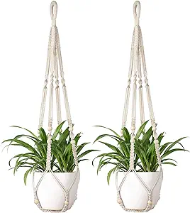 Photo 2 of 10 Pieces Macrame Plant Hanger 35'' Indoor Hanging Planter Basket with Wood Beads Decorative Hanging Plant Holder Large Boho Home Decor Crochet Plant Holder Stand with Ceiling Hooks, No Tassels