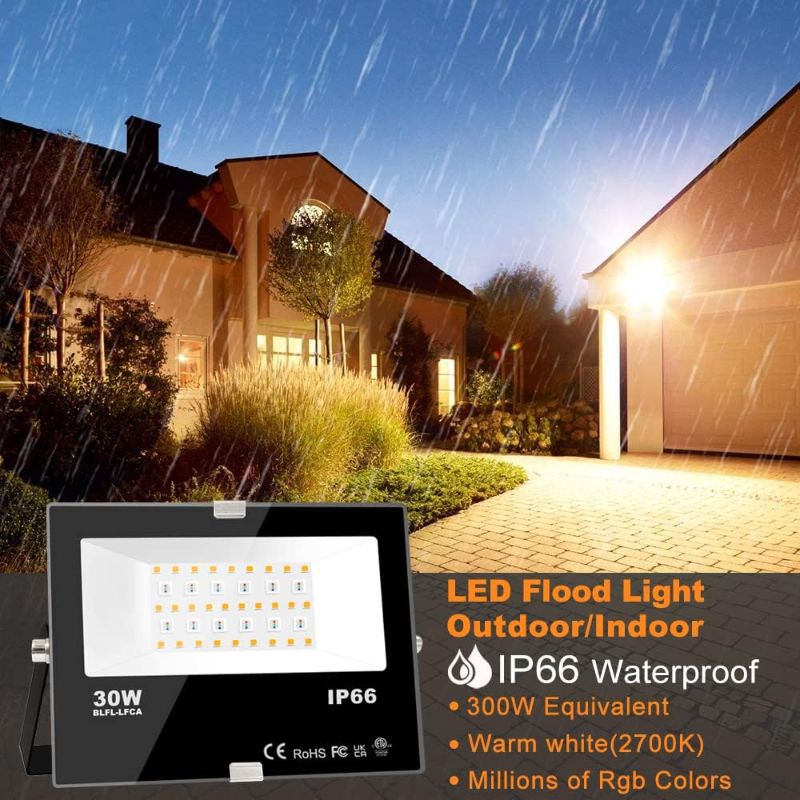 Photo 1 of 2 pack MELPO LED Flood Light Outdoor, 300W Equivalent 3000LM Smart RGB Landscape Lighting with APP Control, DIY Scenes - Timing - Warm White 2700K - Color Changing... 1 has damaged cable 
