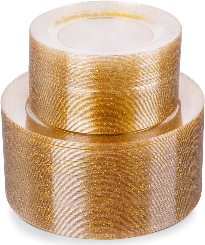 Photo 1 of 200PCS Gold Glitter Plastic Plates, Heavy Duty Disposable Gold Plates