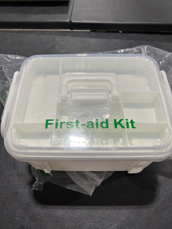 Photo 2 of Portable handled medicine first aid box plastic medicine basic organizer holder. Family small safety emergency medical storage box kit travel, car, home, camping, office, vehicle + pill cutter (empty)