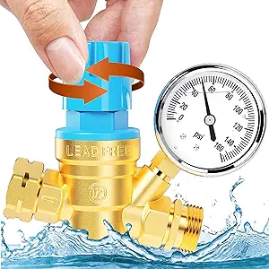 Photo 1 of YOMILINK RV Water Pressure Regulator Valve, 3/4” Adjustable Water Pressure Regulator with Gauge and Double Screen Filters for RV, Camper, Trailer and Garden, Oil Filled