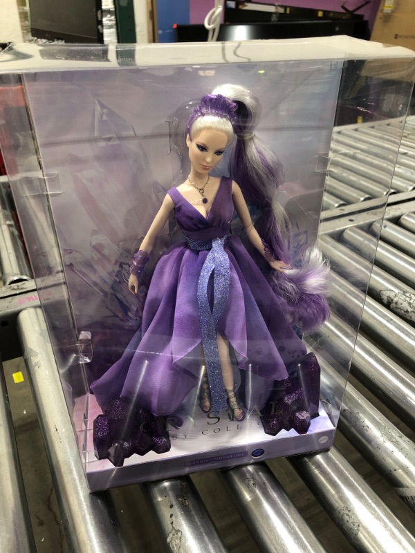 Photo 2 of Barbie Crystal Fantasy Collection Amethyst Doll (13-in, Platinum Hair) with Genuine Amethyst Stone Necklace, Wearing Gown and Accessories, Gift for Collectors