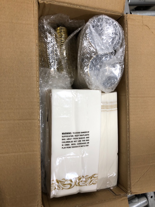 Photo 1 of 350 Piece Gold Dinnerware Set 50 Guest-100 Gold Lace Plastic Plates-50 Gold Plastic Silverware-50 Gold Plastic Cups-50 Linen Like Gold Paper Napkins, FOCUSLINE Disposable Dinnerware Set