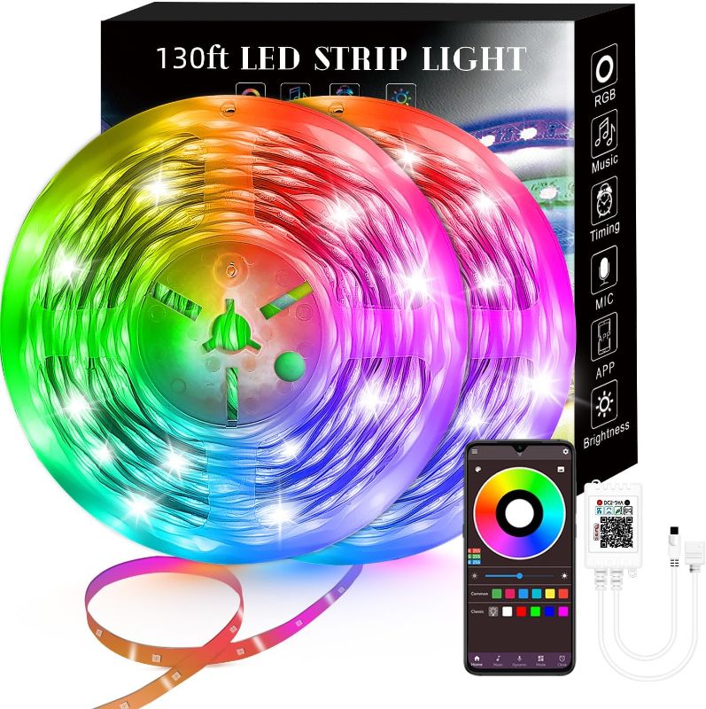 Photo 1 of 130Ft Led Strip Lights (2 Rolls Size Unknown, Music Strip Lights RGB Color Changing,APP Control Strip Lights for Bedroom, Living Room, Kitchen, Party
