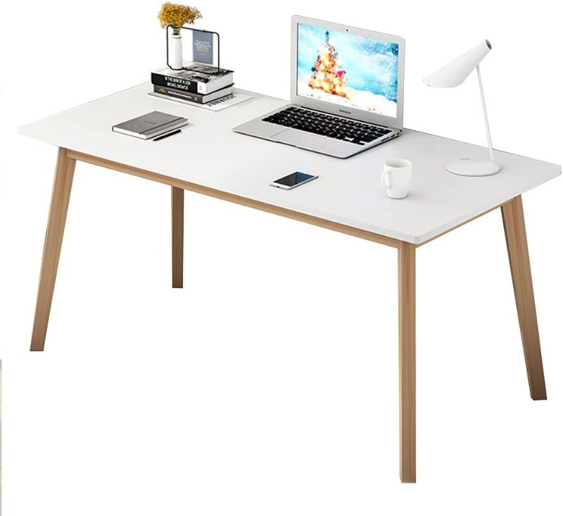 Photo 1 of IOTXY Simple Wooden Writing Desk - Freestanding Modern PC Laptop Computer Workbench with Solid Wood Legs for Home Office, TV Table, Music Live Desk, White/Oak
