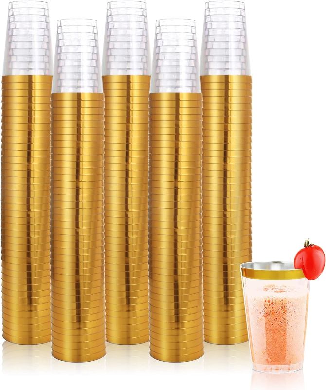 Photo 1 of 100 Pack Gold Plastic Cups, 12 Oz Clear Plastic Cups, Gold Rimmed Plastic Cups, Disposable Wine Glasses, Disposable Cups