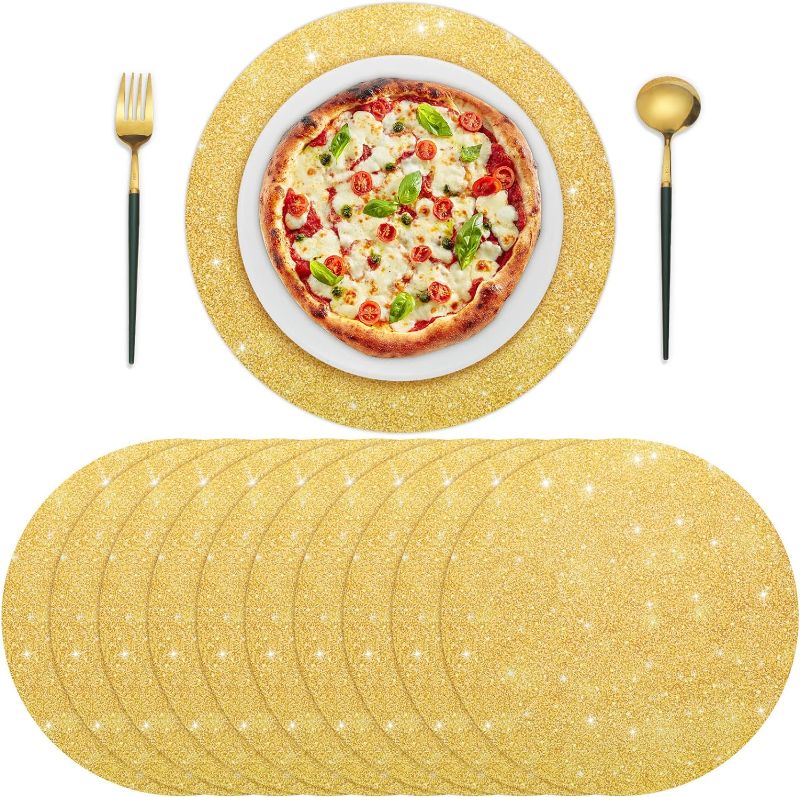 Photo 1 of 100 Pcs Paper Placemat 13" Disposable Glitter Gold Placement Mats for Dining Table Bulk Paper Round Sparkle Mats Place Decorative Glitter Sequins Table Mats for Wedding Banquet Party (Glitter Gold)
