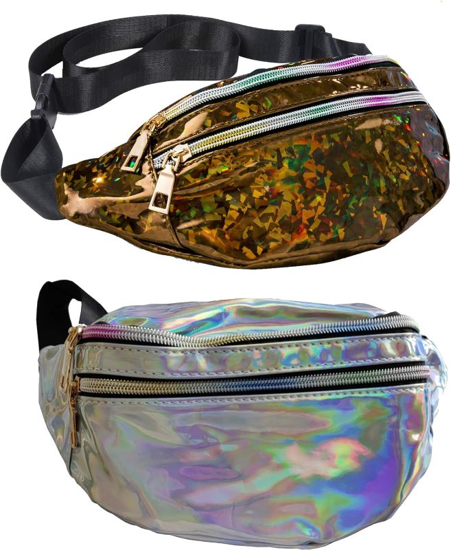 Photo 1 of 2 Pieces Holographic Fanny Packs Waterproof Color Sport Waist Pack with Adjustable Belt for Rave Party Festival Travel 