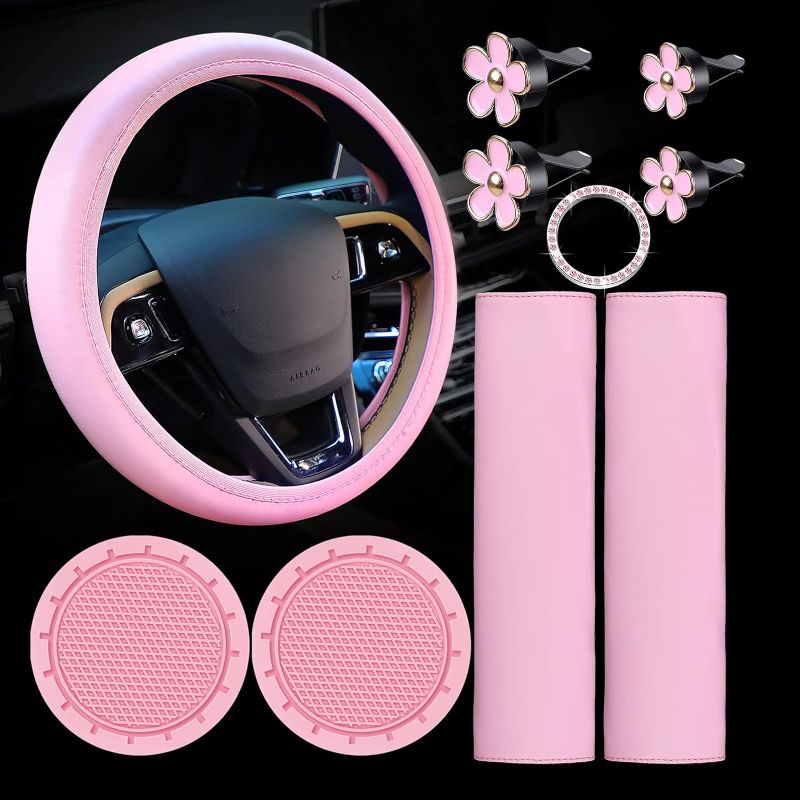 Photo 1 of 10 Pcs Leather Steering Wheel Cover for Women Cute Car Accessories Set with Seat Belt Shoulder Pads Seatbelt Covers Cup Holders Bling Start Button Ring Sticker Air Vent Clip Car Accessories(Pink) 