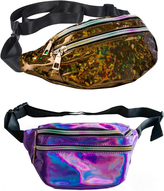 Photo 1 of 2 Pieces Holographic Fanny Packs Waterproof Color Sport Waist Pack with Adjustable Belt for Rave Party Festival Travel