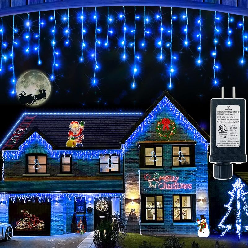 Photo 2 of 132FT 1222 LED Christmas Lights Outdoor, 8 Lighting Modes with Timer Memory Curtain Fairy String Light with 282 Drops, Waterproof Light for Home Christmas Holiday Wedding Party Decorations, Blue & Cool White 