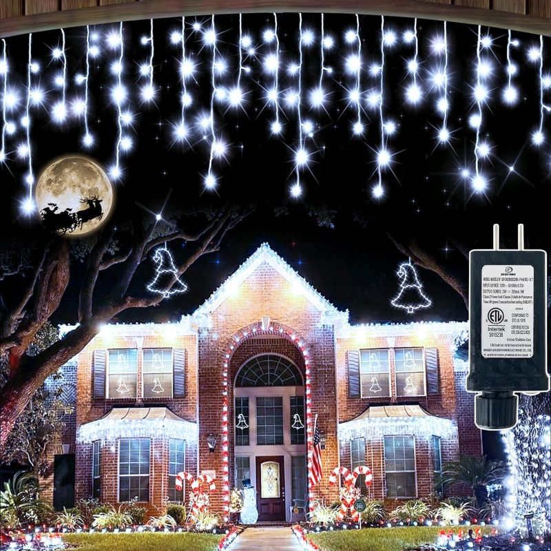 Photo 1 of 132FT 1222 LED Christmas Lights Outdoor, 8 Lighting Modes with Timer Memory Curtain Fairy String Light with 282 Drops, Waterproof Light for Home Christmas Holiday Wedding Party Decorations, Blue & Cool White 