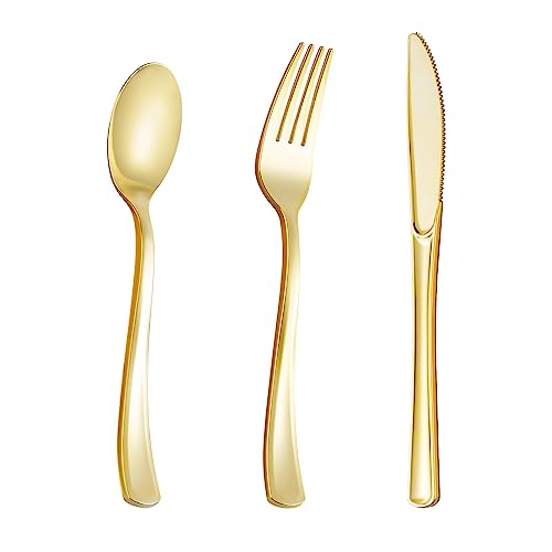 Photo 1 of 150PCS Gold Plastic Silverware, Heavy Duty Gold Silverware Disposable, Plastic Gold Dinnerware Set of 50 Gold Forks, 50 Gold Spoons, 50 Gold Knives for Weddings, Parties Plastic Utensils