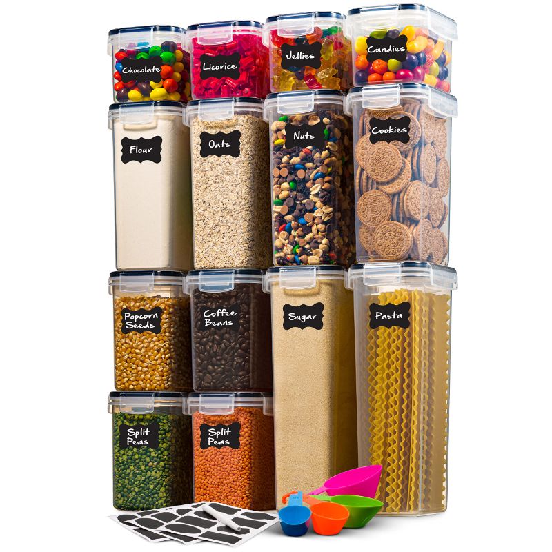 Photo 1 of 14 Pack Airtight Food Storage Container Set - BPA Free Clear Plastic Kitchen and Pantry Organization Canisters with Durable Lids for Cereal, Dry Food Flour & Sugar - Labels, Marker & Spoon Set