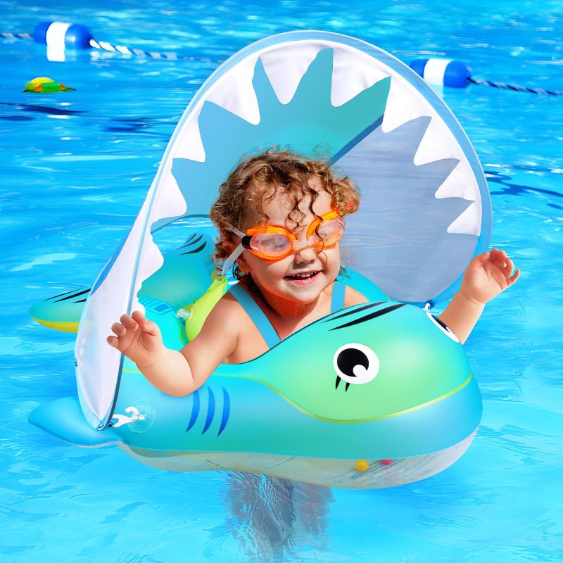 Photo 1 of Baby Swimming Float, AivaToba Inflatable Infant Swim Float, Inflatable Baby Pool Float with UPF 50+ Sun-Protective Canopy, Add Tail No Flip, Hand Pump for Toddlers Age 3-36 Months Blue Small