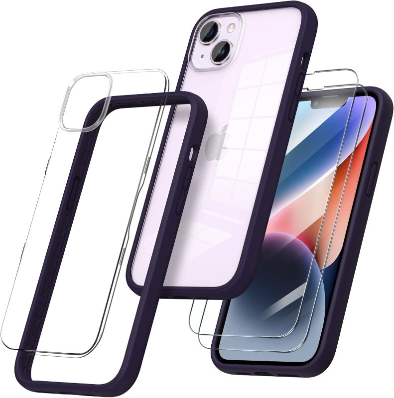 Photo 1 of ORNARTO [3 in 1 for iPhone 14 Plus Case 6.7 inch, with 2 Pack Tempered Glass Screen Protector, Soft Liquid Silicone Bumper Case Cover Full Body Protection with Anti-Yellowing Clear Back-Deep Purple 