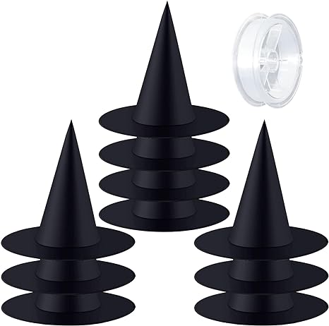 Photo 1 of LUOBO 10 Pieces Halloween Costume Witch Hat, with 100 Yards Hanging Rope for Halloween Yard Decoration. Black Witch Hat for Halloween Party Decoration.