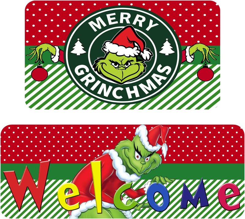 Photo 1 of 2 PCS Grinch Doormat, Kitchen Mats, Grinch St Patricks Day Decorations, Suitable for Indoor and Outdoor,Non-Slip, Washable, Stain and Fade Resistant?Red?
