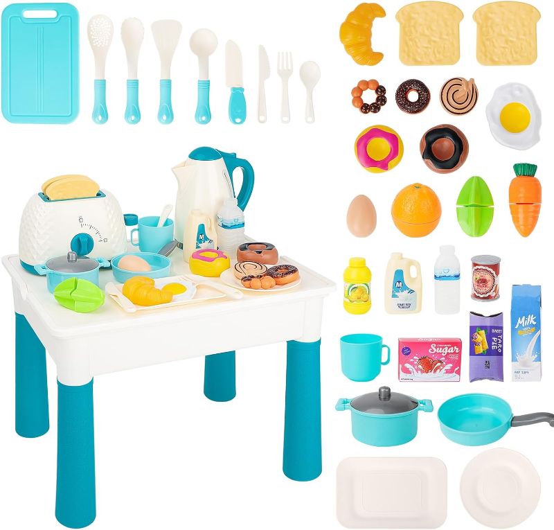 Photo 1 of deAO Kids Kitchen Toy Accessories,Play Food Sets for Kids,Kitchen Desk with 33PCS Kitchen Toys,Cutting Food,Water Bottle Toy,Toaster Toy,Pots and Pans
