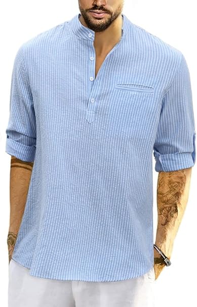 Photo 1 of Karlywindow Mens Casual Henley Shirts Cotton Lightweight Long Sleeve Summer Beach Tops Hawaiian Striped T Shirt- Sky blue 29 x 37
